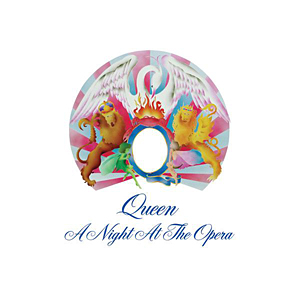 The A Night at The Opera album cover, with almost a circus-like reimagination of the band's logo.