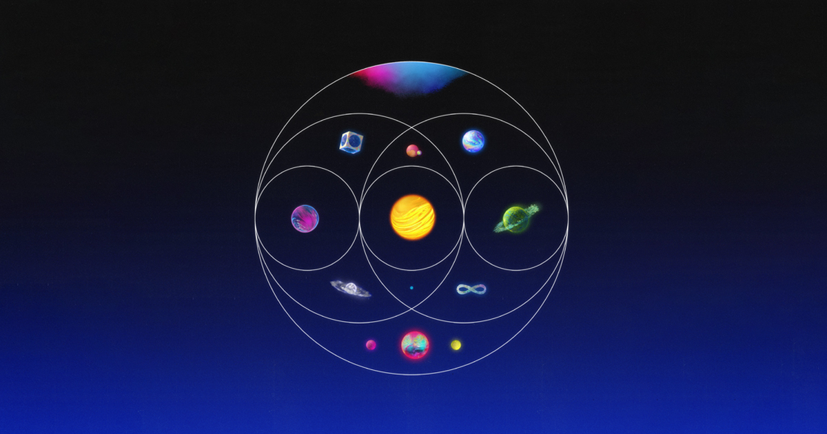 The "Music of the Spheres" album cover, which has a blue background and a series of white circles surrounding an alien solar system.