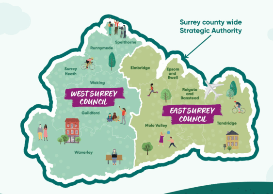 Map showing how Surrey will be divided into East Surrey and West Surrey