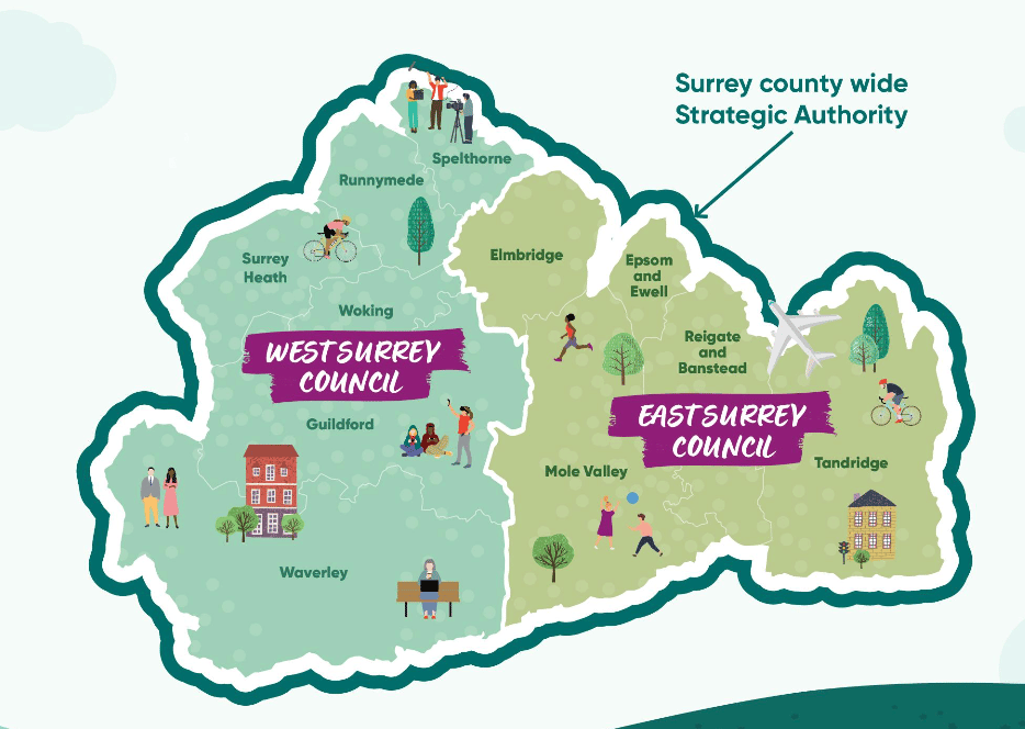 Map showing how Surrey will be divided into East Surrey and West Surrey